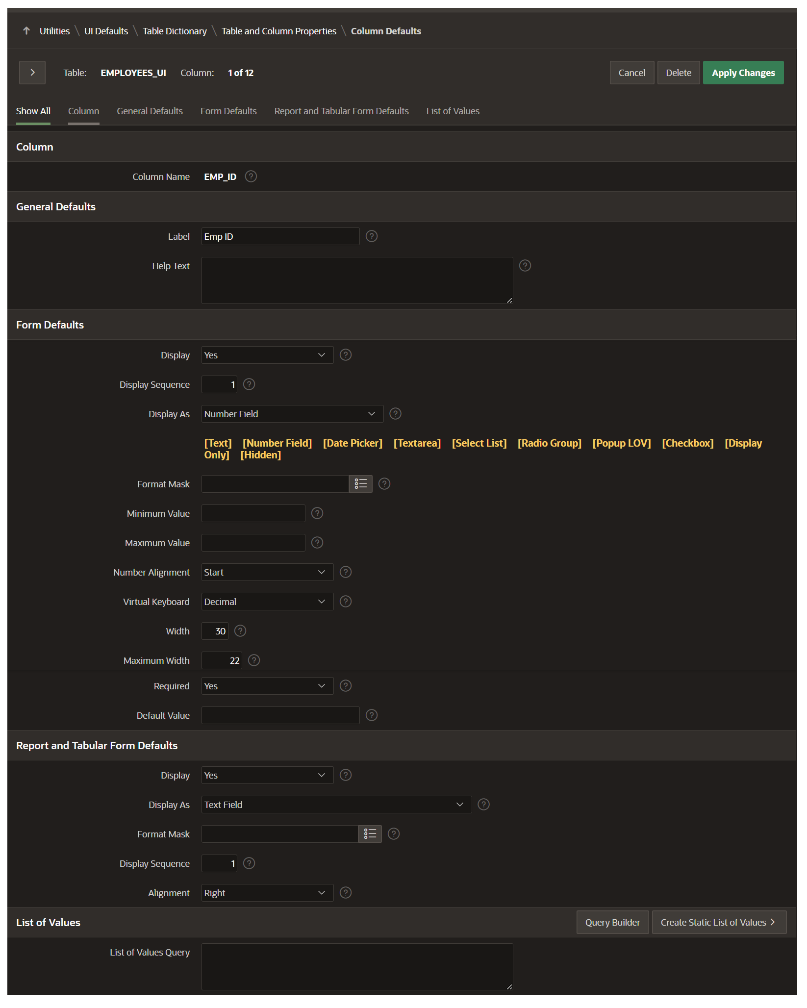 APEX UI Defaults