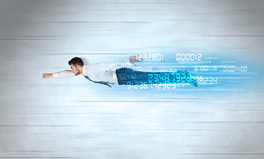 Businessman flying super fast with data numbers left behind concept