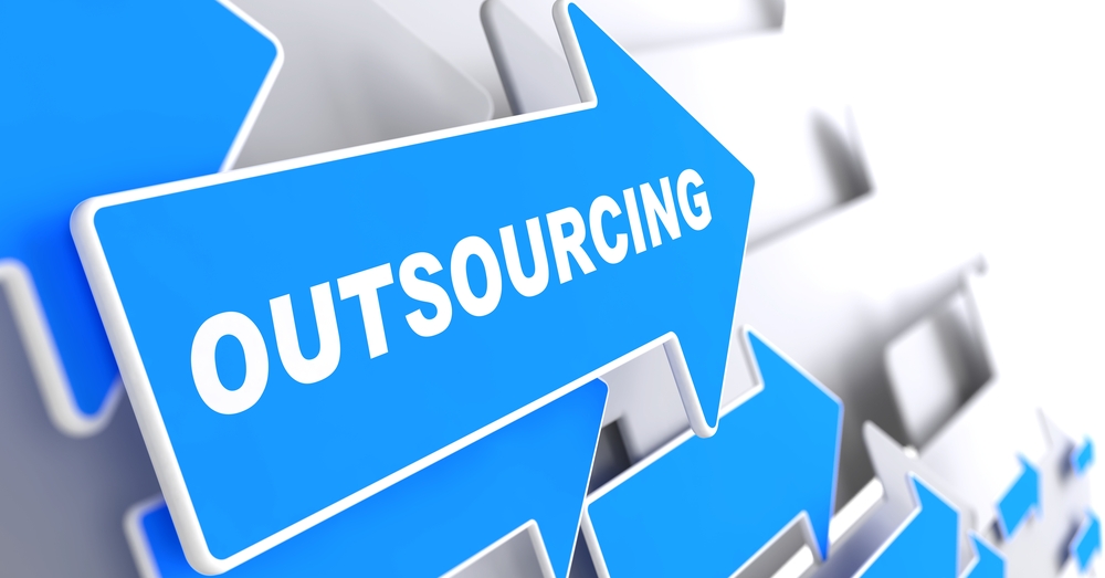 Outsourcing - Business Background. Blue Arrow with Outsourcing Slogan on a Grey Background. 3D Render.-1