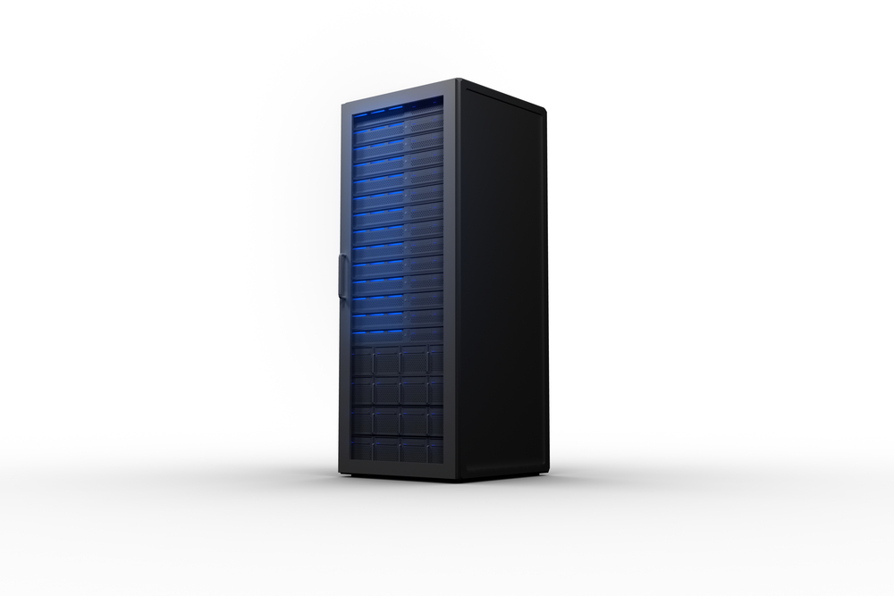 Rack of servers with blue lights on white background
